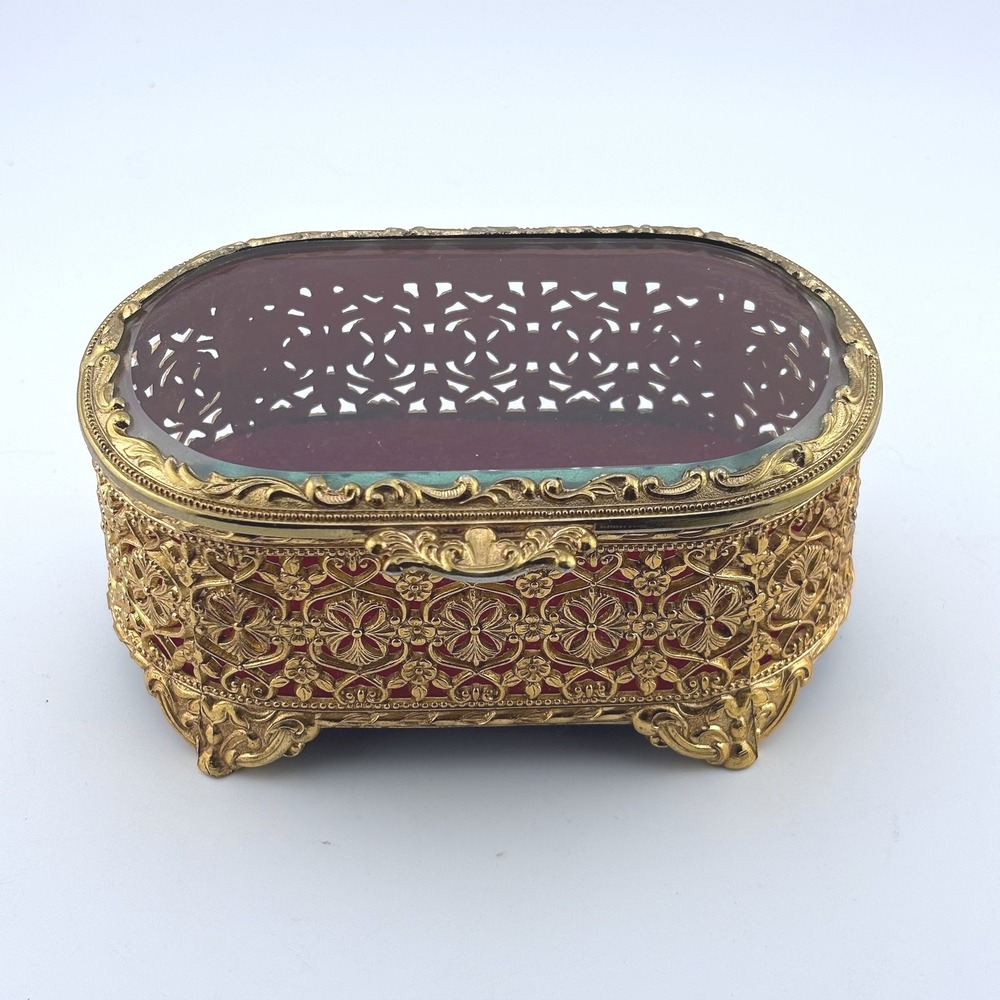 Vintage Mele Gold Filigree Casket Jewelry Box‎ Beveled Glass  Japan